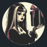 Gothic Meisje Spooky Gothic Christmas Ronde Sticker<br><div class="desc">Voeg een vleugje duistere betovering toe aan uw vakantieseizoen met deze opvallende sticker met een gotisch meisje met een prachtig verpakt zwart kerstcadeau, allemaal geschilderd in een nostalgische retro-stijl. Dit ontwerp vangt de geest van het seizoen met een unieke spookachtige twist, waardoor het een must-have is voor iedereen die van...</div>