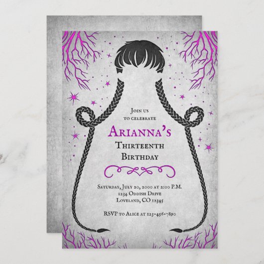 Gothic Meisje Vlechten Verjaardag Uitnodiging (Voorkant / Achterkant)