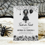 Gothic Meisjes Halloween Kids Verjaardagsfeestje Kaart<br><div class="desc">Halloween is de perfecte tijd om verjaardagen te vieren voor alle gedurfde, creatieve en onbevreesde meisjes van de wereld. Voor wie op zoek is naar iets speciaals, is er een spinnenweb en een zwart-wit bloemenuitnodiging, met een griezelig gothic meisje dat een feestballon vasthoudt voor een unieke en sinistere touch. Voor...</div>