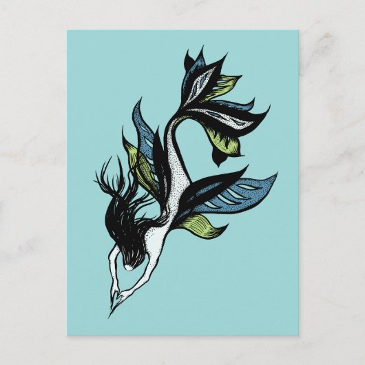 Gothic Mermaid Beauful Blue Green Ink Tekening Briefkaart (Voorkant)
