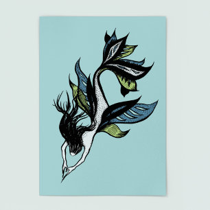Gothic Mermaid Beauful Blue Green Ink Tekening Poster