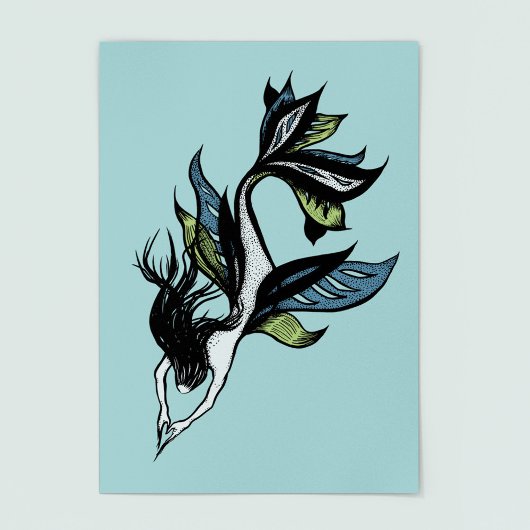Gothic Mermaid Beauful Blue Green Ink Tekening Poster