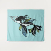 Gothic Mermaid Beauful Blue Green Ink Tekening Wandkleed (Voorkant (horizontaal))