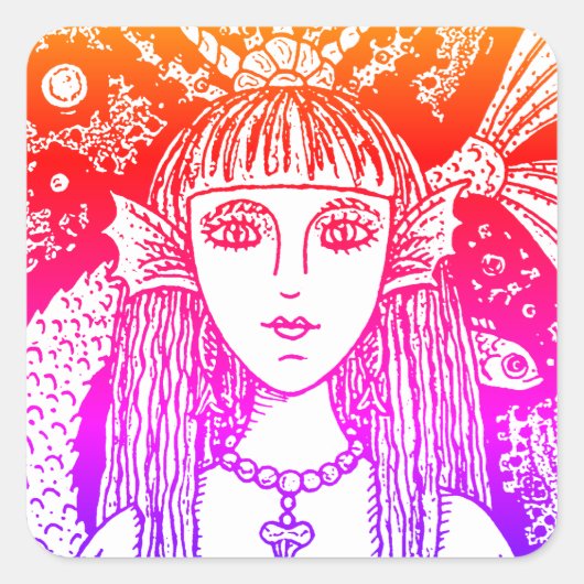 GOTHIC MERMAID, BLACK ZEE SIREN FANTASY WHIMSY VIERKANTE STICKER (Voorkant)