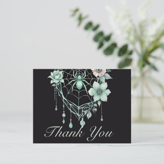 Gothic Mint Green Floral Spiderweb Bedankt Briefkaart (Staand voorkant)