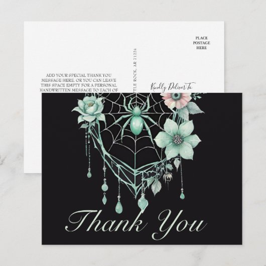 Gothic Mint Green Floral Spiderweb Bedankt Briefkaart (Voorkant / Achterkant)