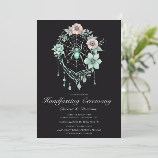 Gothic Mint Green Spider Bloemen Web Handfasting Kaart (Staand voorkant)
