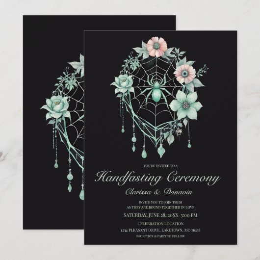 Gothic Mint Green Spider Bloemen Web Handfasting Kaart (Voorkant / Achterkant)