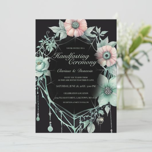 Gothic Mint Green Spider Floral Web Handfasting Kaart (Staand voorkant)