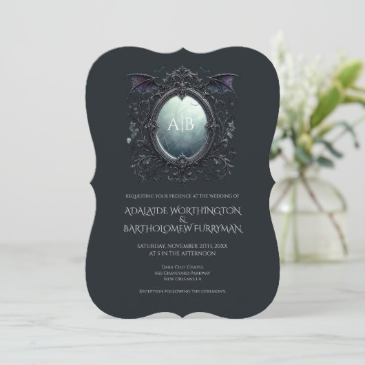Gothic Mirror Monogram Wedding Invitation Kaart (Staand voorkant)