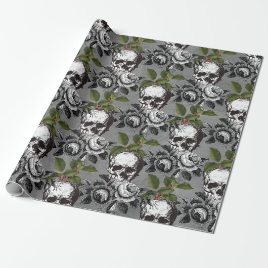 Gothic Mistletoe, Rozen en skull Kerstmis  Cadeaupapier (Uitgerold)