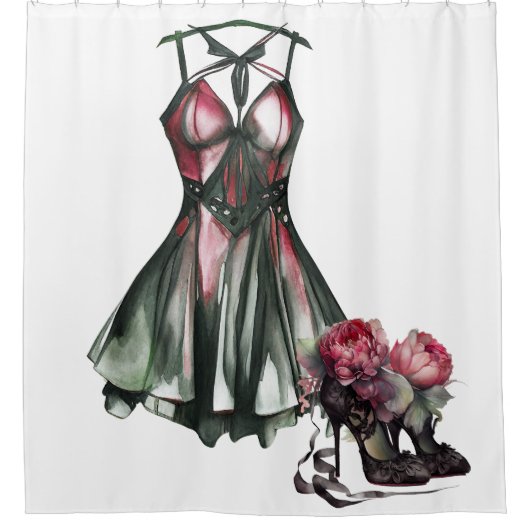 Gothic Mode | Groene en Roze Jurk met Stiletto's Douchegordijn (Voorkant)