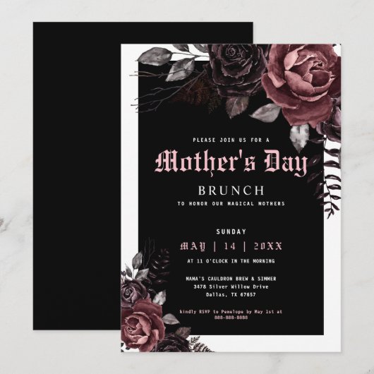Gothic Moederdag Brunch Party Burgundy Flowers Kaart (Voorkant / Achterkant)