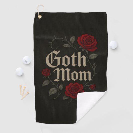 Gothic Mom Red Rose Bloemen Victoriaans Goud Typog Golfhanddoek (Insitu)
