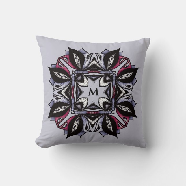 Gothic Monogram Black Paars Gothic Mandala Kussen (Voorkant)