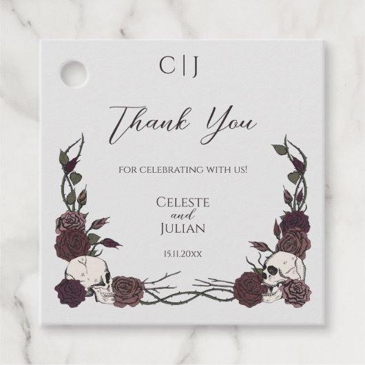 Gothic Monogram Skull & Rose Wedding Thank You Bedankjes Labels (Voorkant)