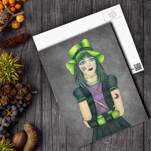 Gothic Monster Girl Green Pet Tattoos grijs Briefkaart