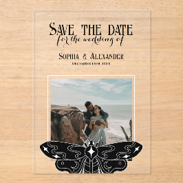 Gothic Moody Black and White Wedding photo Acryl Uitnodigingen