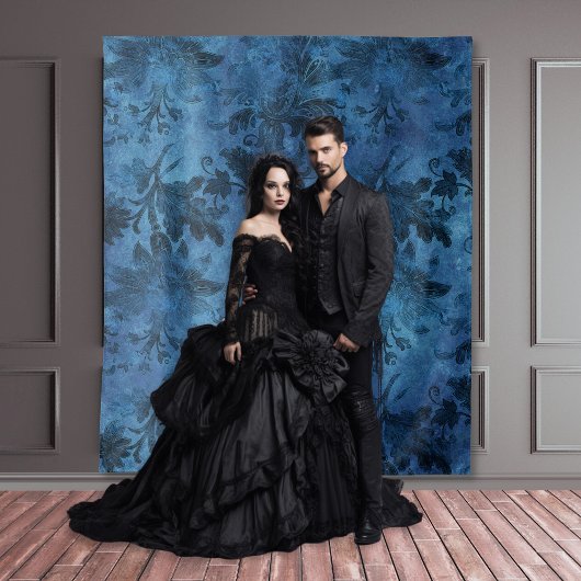 Gothic Moody Damask Zwart & Blauw  Damask Wandkleed