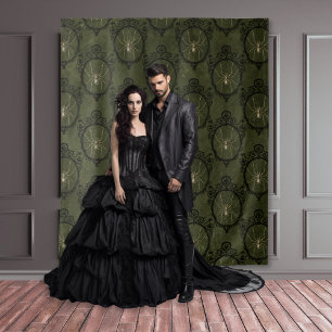 Gothic Moody Damast Groen & Zwart Spinnewandtapijt Wandkleed