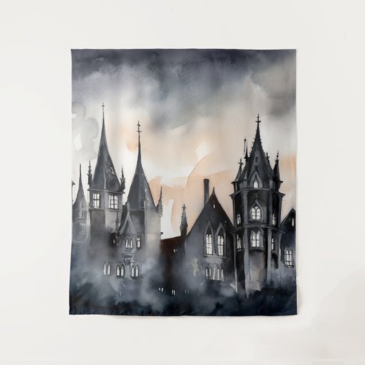 Gothic Moody Dark Waterverf Sunset Mansion Wandkleed (Voorkant)