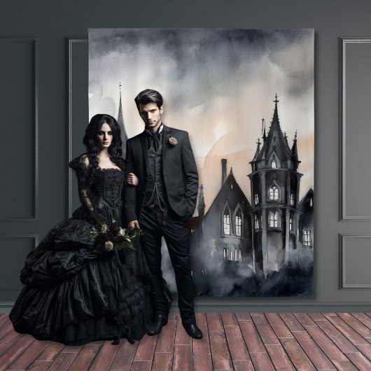 Gothic Moody Dark Waterverf Sunset Mansion Wandkleed