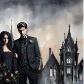 Gothic Moody Dark Waterverf Sunset Mansion Wandkleed