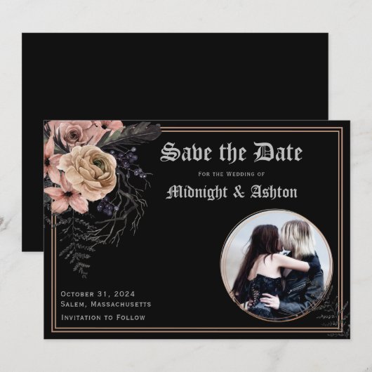 Gothic Moody Floral Circle Photo Save the Date (Voorkant / Achterkant)