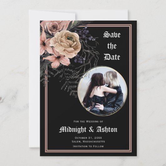 Gothic Moody Floral Circle Photo Save the Date (Voorkant)