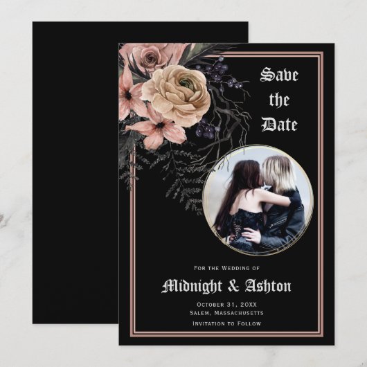 Gothic Moody Floral Circle Photo Save the Date (Voorkant / Achterkant)