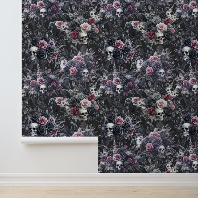 Gothic Moody Flowers Schedels en Kraaien Behang (Applicatie)