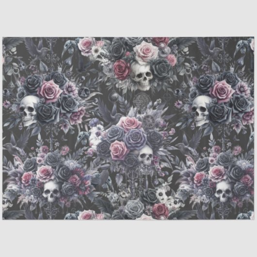 Gothic Moody Flowers Schedels en Kraaien Tissuepapier (Voorkant)