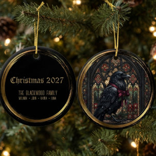 Gothic Moody Onyx Glas-in-lood Raaf Keramisch Ornament