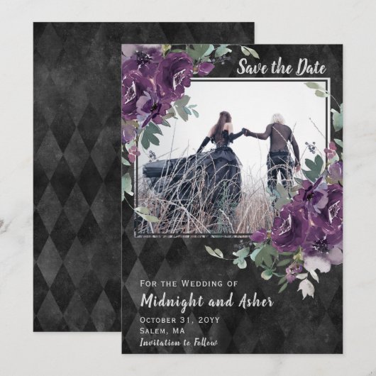 Gothic Moody Paarse Floral Eucalyptus Save The Date (Voorkant / Achterkant)