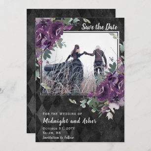 Gothic Moody Paarse Floral Eucalyptus Save The Date