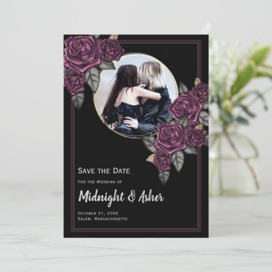 Gothic Moody Rozen Circle Foto Save the Date Kaart (Staand voorkant)
