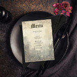 Gothic Moody Scènes  Cream & Zwart Bruiloft Menu<br><div class="desc">Stap in een wereld van duistere betovering met ons gotische tafelmenu, een betoverend mooi collectie dat de allure van het mysterieuze omarmt. Dit prachtig ontworpen beschikt over een verscheidenheid aan donkere en humeurige schilderachtig achtergronden, die gotische kathedraalbogen tonen die een gevoel van oude grandeur oproepen, vergezeld van betoverend elegante raven...</div>
