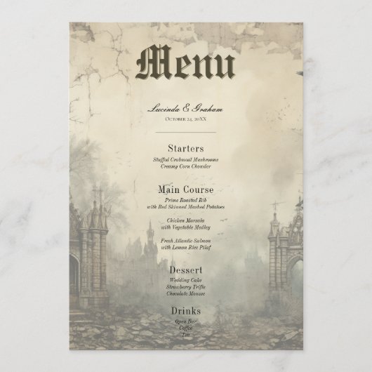 Gothic Moody Scènes  Cream & Zwart Bruiloft Menu (Voorkant)