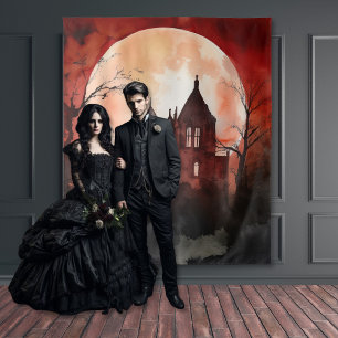 Gothic Moody Volle Maan & Kasteel Nacht Wandkleed