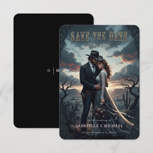 Gothic Moody Western Cowboy Wedding Save The Date (Voorkant / Achterkant)