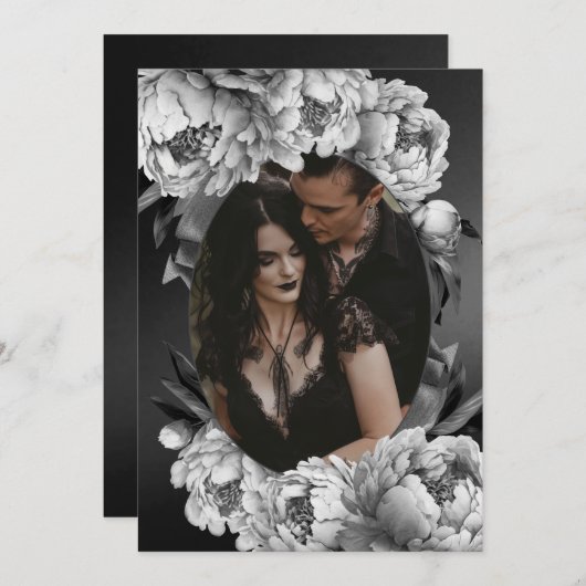 Gothic Moody White Pioenenbruiloft Save The Date (Voorkant / Achterkant)