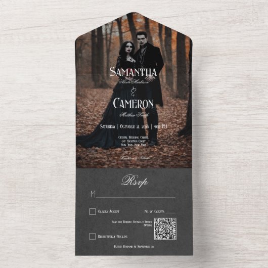 Gothic Moody Zwart Elegante foto QR-code All In One Uitnodiging (Binnen)