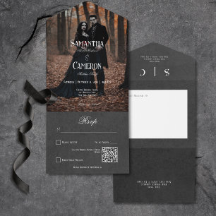 Gothic Moody Zwart Elegante foto QR-code All In One Uitnodiging