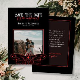 Gothic Moody Zwart en Rood Huwelijksfoto Save The Date