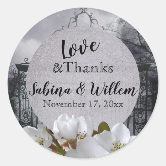 Gothic Moon Floral Love & Bedankt Favor Sticker (Voorkant)
