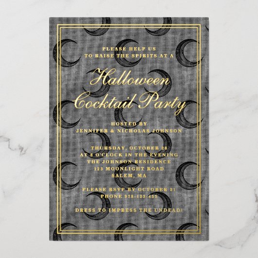 Gothic Moon Halloween Cocktail Party Gold Folie Uitnodiging (Voorkant)