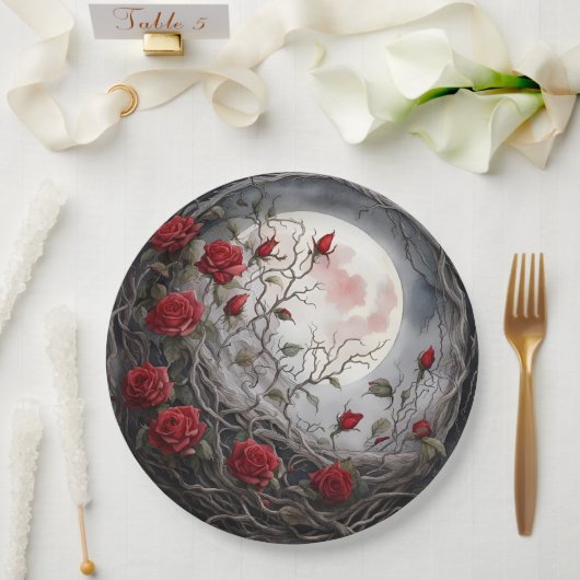 Gothic Moon & Red Rose Papieren Bordje (Huwelijk)