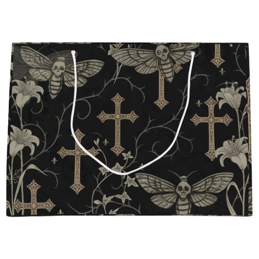 Gothic Moth & Cross Damask Gift Bag Groot Cadeauzakje (Voorkant)