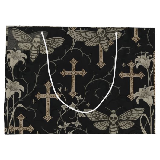Gothic Moth & Cross Damask Gift Bag Groot Cadeauzakje (Achterkant)