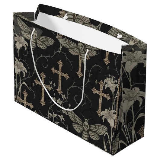 Gothic Moth & Cross Damask Gift Bag Groot Cadeauzakje (Achterkant Gekanteld)